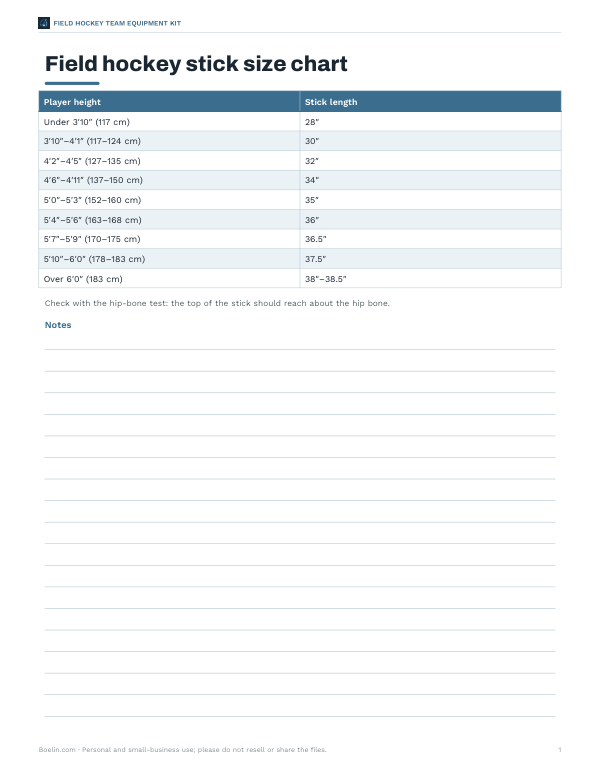 Preview of Printable Field Hockey Stick Size Guide